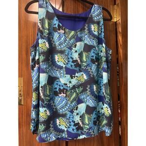Chicos Womens Reversible Tank Size 2 12-14 Blue Butterfly Print